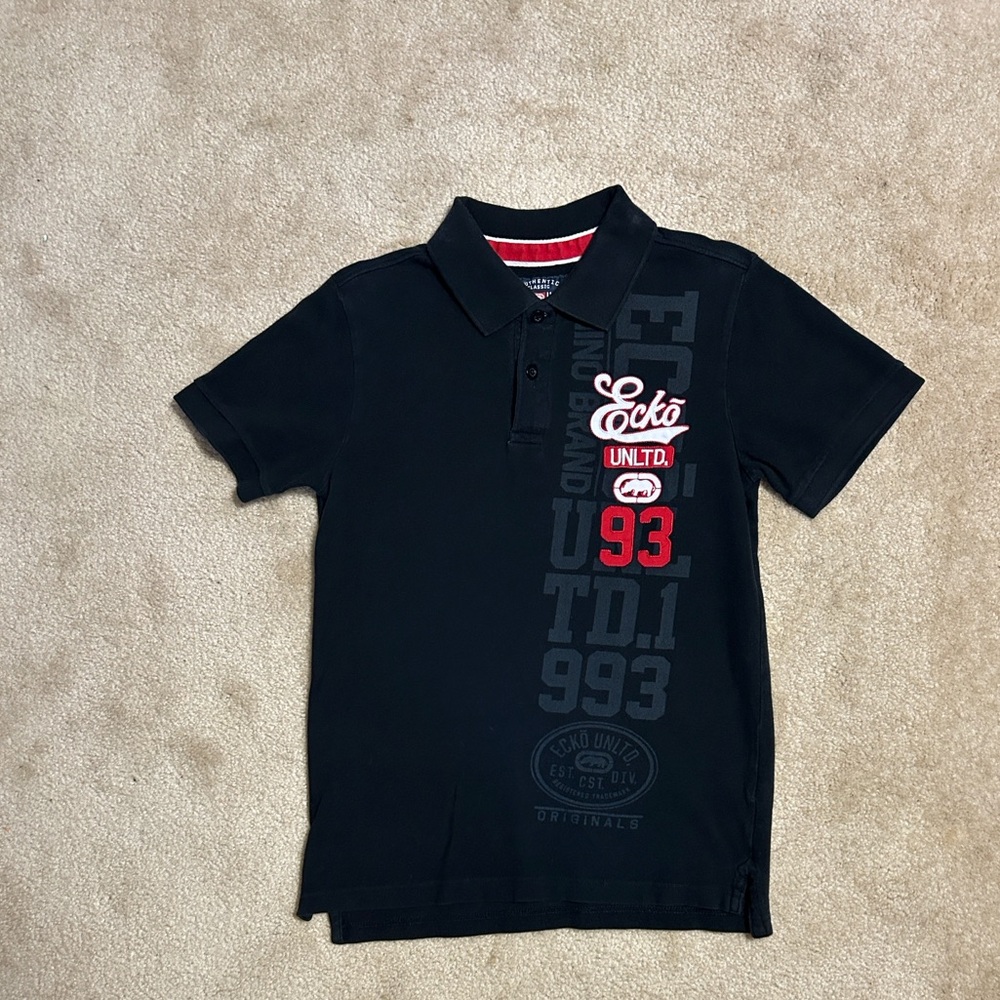Ecko Unlimited Black Polo with Red and White Logo Accents